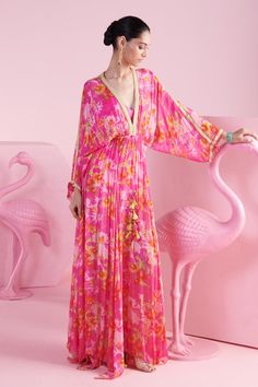 Hot pink, multicolor kaftan with iznik print all over and embroidered placket. - Aza Fashions Kaftan Pattern, Kaftan Women, Kaftan For Women, Pink Chiffon, Batwing Sleeve, Aza Fashion, Hot Pink, Types Of Sleeves, Custom Made