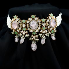 14k Gold Morganite and Diamond Polki Antique Choker Necklace with Created Emerald and Pearl - Rosec Jewels Gold Antique Necklace, Antique Styling, Antique Choker, Indian Necklace, Antique Necklace, Traditional Indian, Indian Design, Morganite, Antique Style