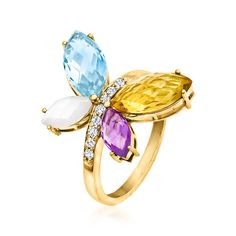 Ross-Simons - Moonstone, 4.20ct t. w. Multi-Gemstone Butterfly Ring, .12ct t. w. Diamonds. Size 9. As magnificent as the creature it's inspired by, this vibrant butterfly ring features captivating wings comprised of marquise 2.20 carat sky blue topaz, 1.50 carat citrine, .50 carat amethyst and 8x4mm moonstone. Finely crafted in polished 14kt yellow gold with .12 ct. t. w. round brilliant-cut diamonds twinkling along the center. 3/4" wide. Diamond, moonstone and multi-gemstone butterfly ring. Cit Yellow Gold Cubic Zirconia Gemstones With Accent Stones, Elegant Cluster Rings With Gemstone Accents, Diamond Cluster Ring With Gemstone Accents In Yellow Gold, Yellow Gold Cluster Rings With Gemstone Accents, Yellow Gold Diamond Cluster Ring With Gemstone Accents, Elegant Multicolor Gemstones With Center Stone, Elegant Multicolor Diamond Birthstone Ring, Elegant Multi-stone Cluster Birthstone Ring, Elegant Multicolor Birthstone Ring With Center Stone