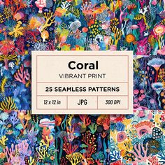 coral vibrant print pattern with 25 seamless patterns on the bottom right corner and below