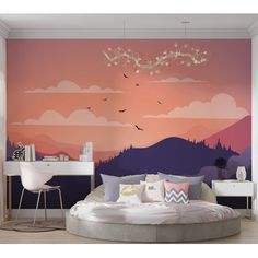 a bedroom with a large mural on the wall