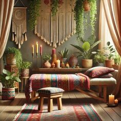 a room filled with lots of plants and candles next to a bench on top of a wooden floor