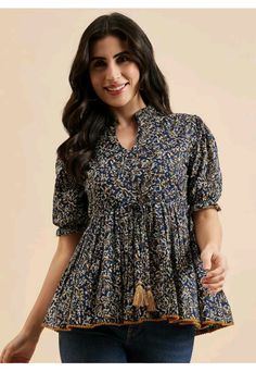 Blue Tops For Women, Fitted Peplum Top, Cotton Tops Designs, Stylish Kurtis Design, Fashion Top Outfits, Look Short, Western Wear For Women, Floral Print Tops, Kurti Designs