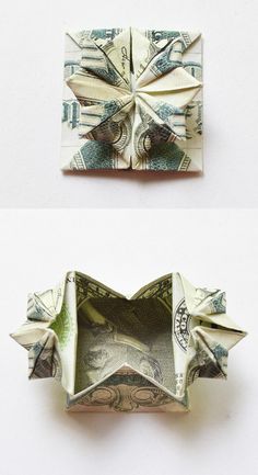 an origami bow made out of money is shown in three different ways,