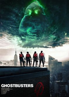 the movie poster for ghostbusters starring three men in red suits and green eyes