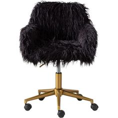 an office chair with wheels and a black fur seat cover on it's back