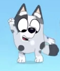 a cartoon dog is standing in front of a blue background and has his paw up