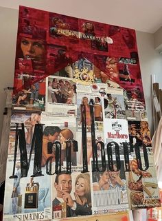 there is a collage of movies and magazines on the wall