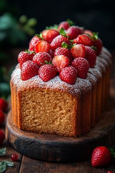 a cake that has some strawberries on top of it and is sitting on a wooden board