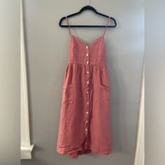 Never Worn. Size M Pink Linen Middi Dress With Buttons In The Front And Back Opening With Tie. It Looks Stunning! Zara Midi Length Dresses With Pockets, Zara Midi Dresses With Pockets, Casual Pink Maxi Dress With Pockets, Red Dress With Pockets For Day Out, Casual Cotton Midi Dress By Zara, Zara Casual Midi Dress For Daywear, Casual Zara Midi Dress For Daywear, Casual Zara Dresses With Buttons, Red Vacation Dress With Pockets