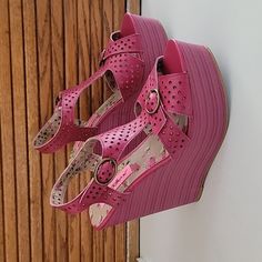 Betsey Johnson Wedge Sandals. Leather Upper Adjustable Straps. Light Interior Strap Cracking From Storage. New, Never Worn. Purple Pink Color, See Pictures. Fun!! Heel Height 5 Inches. Pink Platform Wedge Sandals With Open Heel, Pink Platform Wedge Sandals, Pink Platform Wedge Sandals With Closed Toe, Purple Wedge Heel Sandals In Synthetic Material, Pink Closed Toe Platform Wedge Sandals, Pink Leather Wedge Sandals, Pink Leather Wedge Heel Sandals, Purple Open Toe Synthetic Wedge Sandals, Pink Leather Ankle Strap Wedge Sandals