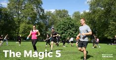 a group of people running through a park with the words the magic 5 on it