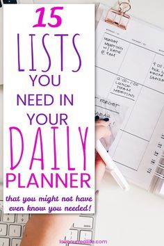 a woman's hand writing on a notepad with the words, 15 lists you need in your daily planner that you might not have even know you needed