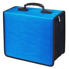 a blue and black suitcase on a white background