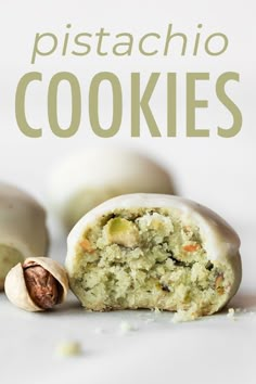 a close up of some food on a table with the words pistachio cookies