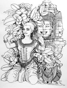 a black and white drawing of a woman sitting in front of a statue