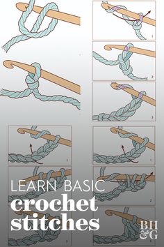 instructions for how to crochet stitches on a white background with text that reads learn basic crochet stitches