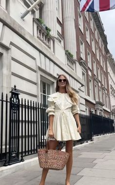 Millie Mackintosh with a Cesta Collective Raffia Tote in Rainbow Mélange. Millie Mackintosh, White White