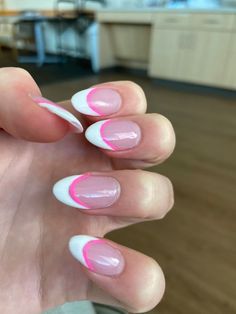 French Tip Acrylic Nails Almond Summer, Blue Pink Acrylic Nails, Preppy Nail Inspo Summer, French Tip Nails With Line Under, Preppy Nails For Summer, French Tip With Line Under, Pink And Blue French Tip Nails, Preppy French Tip Nails