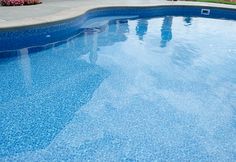 an empty swimming pool with blue water and flowers in the backround, next to a house