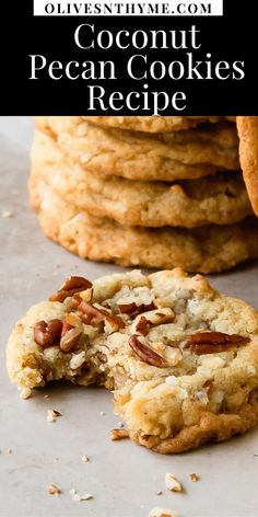 a stack of coconut pecan cookies on top of a table