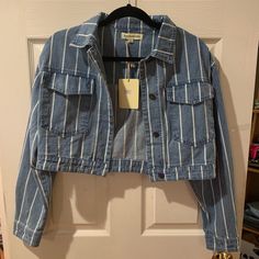 Cropped Striped Jean Jacket Perfect Condition, Never Worn Princess Polly, Jean Jacket, Blankets, Blue White, Checks, Color Blue, Coats Jackets, Jackets For Women, Jackets & Coats