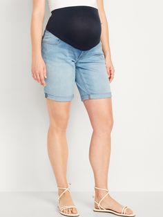 full-panel waistband stretches over belly faux fly scoop pockets at front patch pockets at back straight through hip and thigh hit above knee 9" inseam model is approximately 5'9" and wears a size M (8) Maternity Denim Shorts Outfit, Blue High Stretch Moisture-wicking Shorts, Maternity Jean Shorts, Old Navy Maternity, Womens Maternity, Above Knee, Bottom Clothes, Summer Sale, Straight Jeans