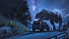 a large dinosaur walking across a road next to a car in front of a night sky filled with stars