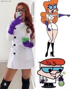 a woman dressed as an animated character holding a cell phone