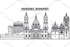 the hungarian city with buildings and towers in black and white, line art style illustration