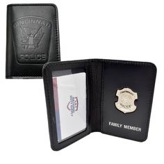 "Show your support for Cincinnati's finest by carrying your documents in this genuine leather ID case. It features a CPD logo embossed on the front on the outer shell, a clear vinyl window inside to display your ID and a Silver miniature Cincinnati Police Officer badge with silver foil imprint below indicating you are a family member of a CPD Officer. There is enough room to carry a few credit cards, some cash and other important documents as well. The imprint below the badge can be changed. 2 l Leather Card Holder With Engraved Logo, Formal Leather Card Holder With Id Window, Leather Card Holder With Id Window For Formal Use, Classic Embossed Leather Wallet, Classic Leather Cases With Card Slots, Leather Rfid Blocking Rectangular Case, Rectangular Leather Case With Rfid Blocking, Police Officer Badge, Police Sergeant