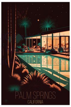 the palm springs california poster is lit up at night