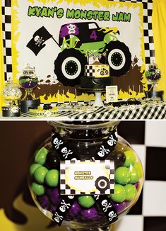 a monster truck themed birthday party with green and black candies in a glass vase