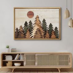 a painting hanging on the wall above a wooden shelf