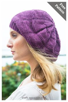 a woman wearing a purple knitted hat