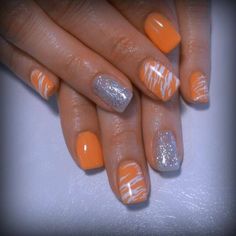 Orange And Grey Nails Color Combos, Ut Vols Nails, Tennessee Vols Nails Designs, University Of Tennessee Nails, Tennessee Orange Nails, Tn Vols Nails, Tennessee Nails Designs, Orange Gel Nails Short, Tennessee Vols Nails