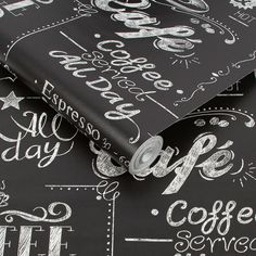 a black and white chalkboard wallpaper with coffee related words on it, including stars