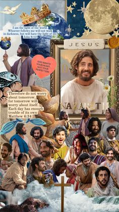 collage of jesus surrounded by images of other people and things that are in the background