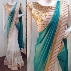 Sarees For Girls, Saree Blouse Patterns, Indian Fashion Saree, White Saree, Saree Designs Party Wear, Designer Saree Blouse Patterns, Saree Trends, Half And Half, Elegant Saree