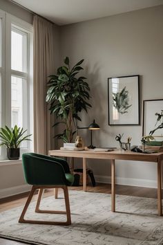 a living room with a table, chair and potted plant next to a window