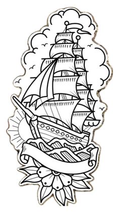 a drawing of a ship with a banner around it