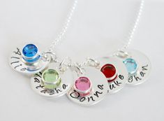 Personalized Mom Necklace Hand Stamped  5 Name by Studio463, $84.00 Sterling Silver Name Necklace With Birthstone, Personalized Silver Birthstone Necklace For Mom, Customizable Silver Birthstone Necklace For Mom, Customizable Sterling Silver Birthstone Necklace For Mom, Sterling Silver Birthstone Necklace With Custom Name For Mom, Silver Name Necklace With Birthstone In Round Pendant, Nickel-free Silver Birthstone Necklace As Gift For Mom, Silver Birthstone Necklace With Name For Mom, Silver Nickel-free Birthstone Necklace As Gift For Mom