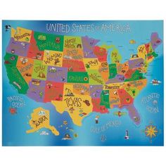 a map of the united states with all the names and symbols on it's side