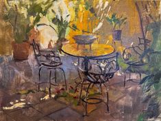 an oil painting of chairs and tables in a garden with potted plants on the table