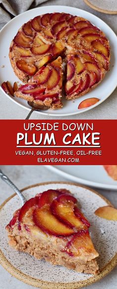 upside down plum cake on a white plate