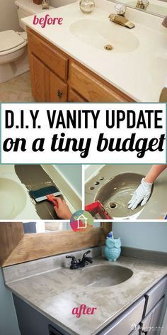 the before and afters of a bathroom remodel on a tiny budget, including a vanity