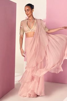 Shop for Ridhi Mehra Pink Eera Pre-draped Ruffle Saree With Embroidered Blouse for Women Online at Aza Fashions Ruffled Saree, Saree Chiffon, Ridhi Mehra, Net Blouses, Ruffle Saree, Embroidered Crop Tops, Drape Saree, Draped Blouse, Net Saree