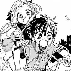 an image of two anime characters riding on a bike together in black and white coloring book pages