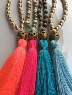 "Our *NEW* Reese Tassel necklace is a bright and sunny addition to our collection! Measures 20\" long and comes in a variety of deluxe tassel colors. 💕 [[ IMPORTANT INFORMATION - PLEASE READ ]] ** All sales are final. If there is an error on our part, we're happy to replace at no charge to the buyer. If item arrives damaged, the buyer must notify LMStoehr Designs within 48 hours and must provide picture of damage so a claim can be submitted. ** LMStoehr Designs is not responsible for incorrect Adjustable Tassel Necklace For Festivals, Adjustable Spiritual Tassel Necklace For Festivals, Adjustable Fringe Necklace For Beach, Adjustable Spiritual Tassel Necklaces, Spiritual Tassel Necklaces With Adjustable Fit, Spiritual Beach Necklaces With Tassels, Adjustable Multicolor Tassel Necklace With 108 Beads, Multicolor Round Beads Tassel Necklace For Beach, Multicolor Round Beaded Tassel Necklace For Beach