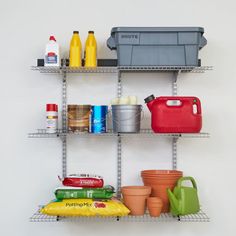 a shelf with pots, containers and other items on it